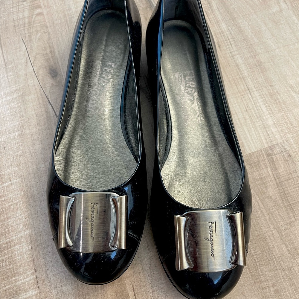 Salvatore Ferragamo Black Pleather Flats with Buckle Size 7.5